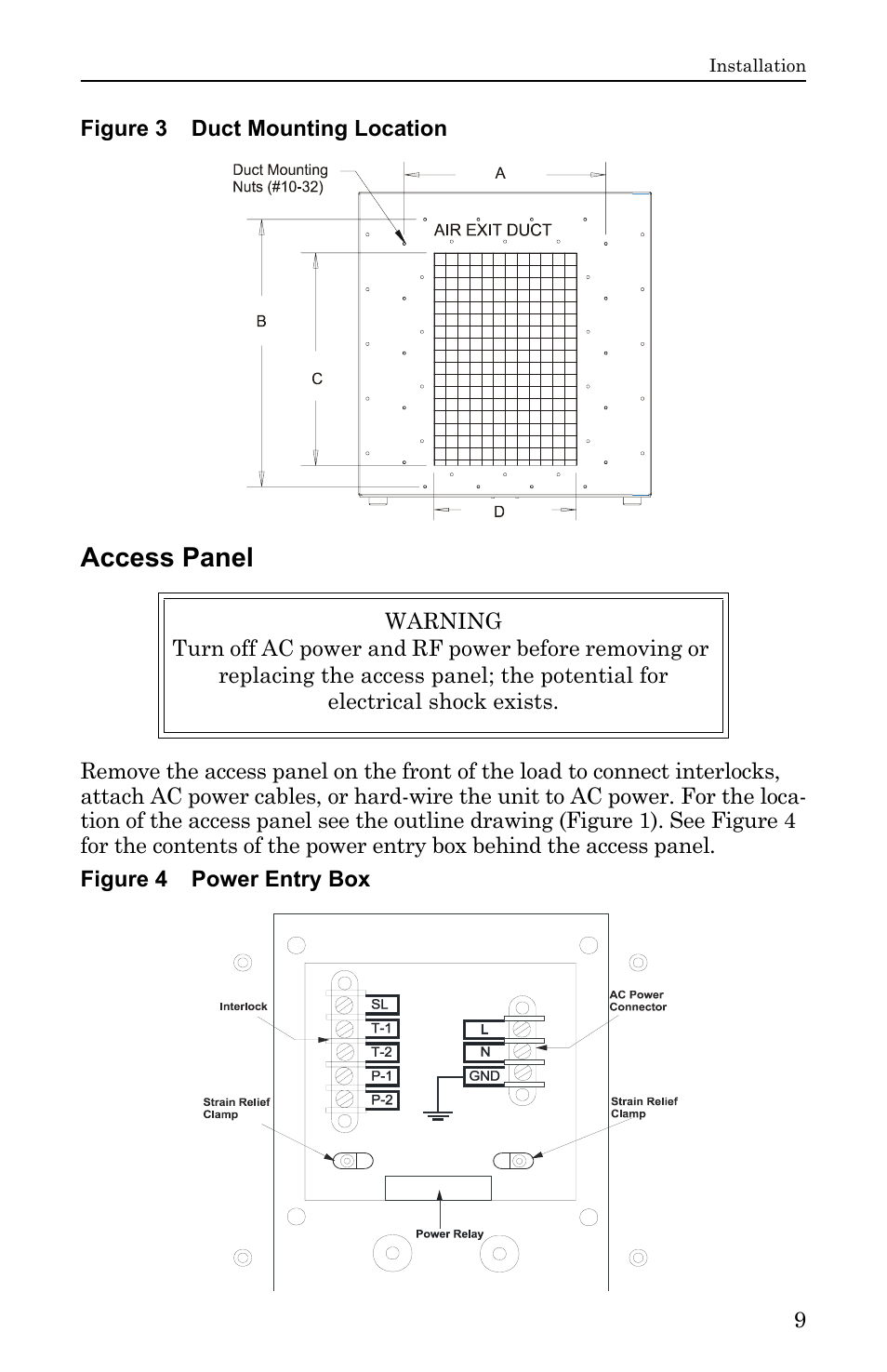 Figure 3 duct mounting location, Access panel, Figure 4 power entry box | Bird Technologies DA40 UHF Series-Manual User Manual | Page 23 / 47