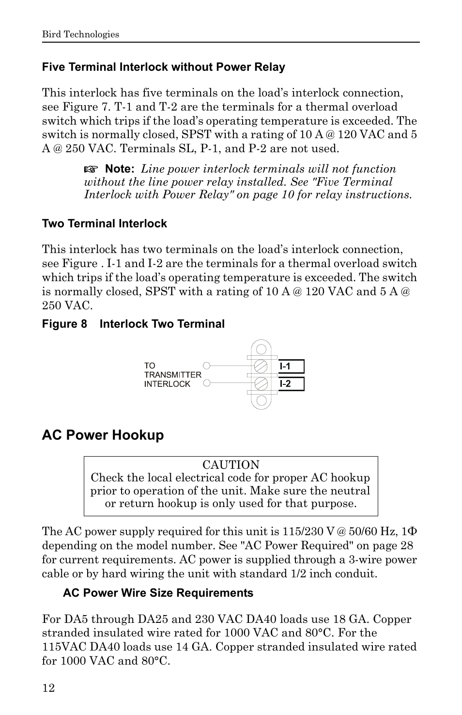 Five terminal interlock without power relay, Two terminal interlock, Figure 8 interlock two terminal | Ac power hookup | Bird Technologies DA40 UHF Series-Manual User Manual | Page 26 / 47