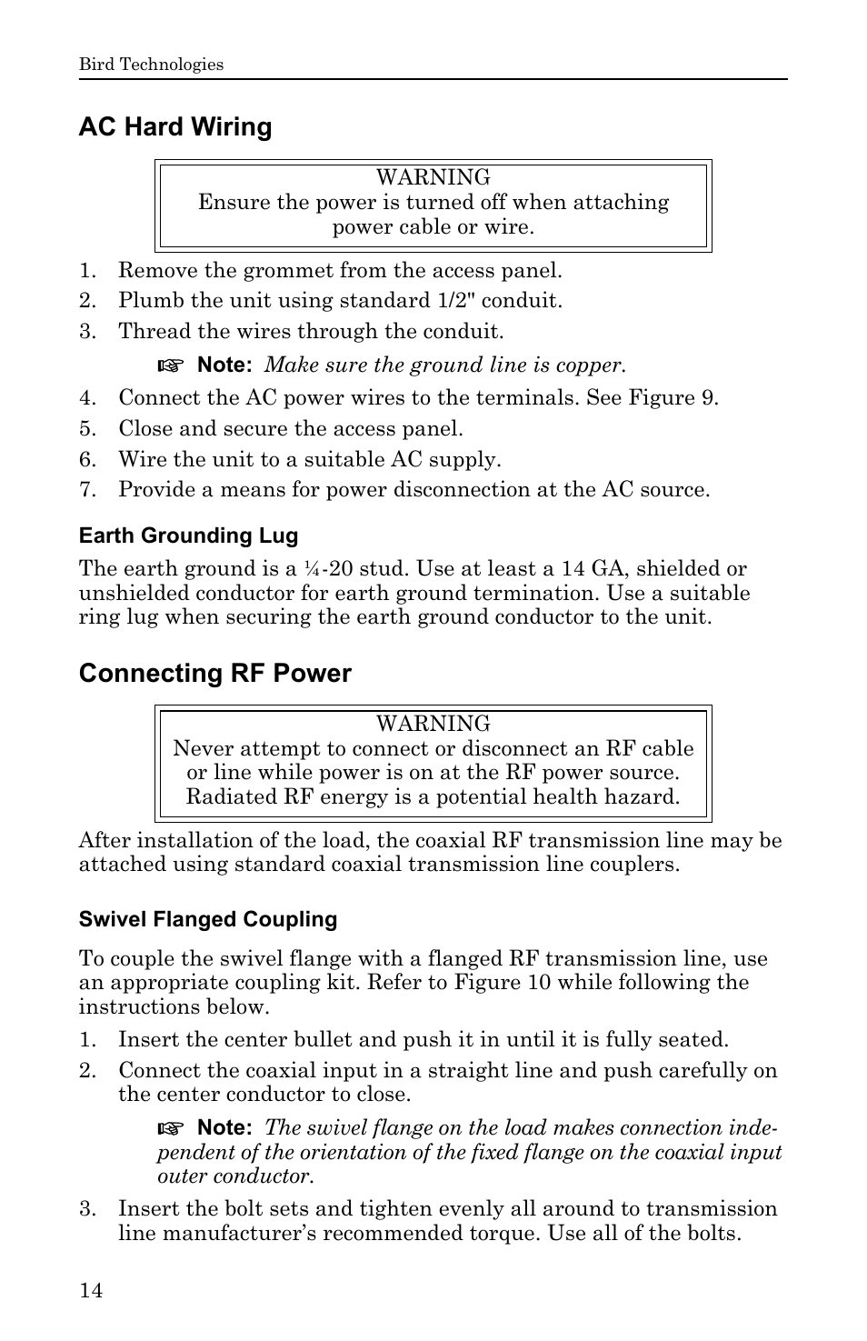 Ac hard wiring, Earth grounding lug, Connecting rf power | Swivel flanged coupling | Bird Technologies DA40 UHF Series-Manual User Manual | Page 28 / 47