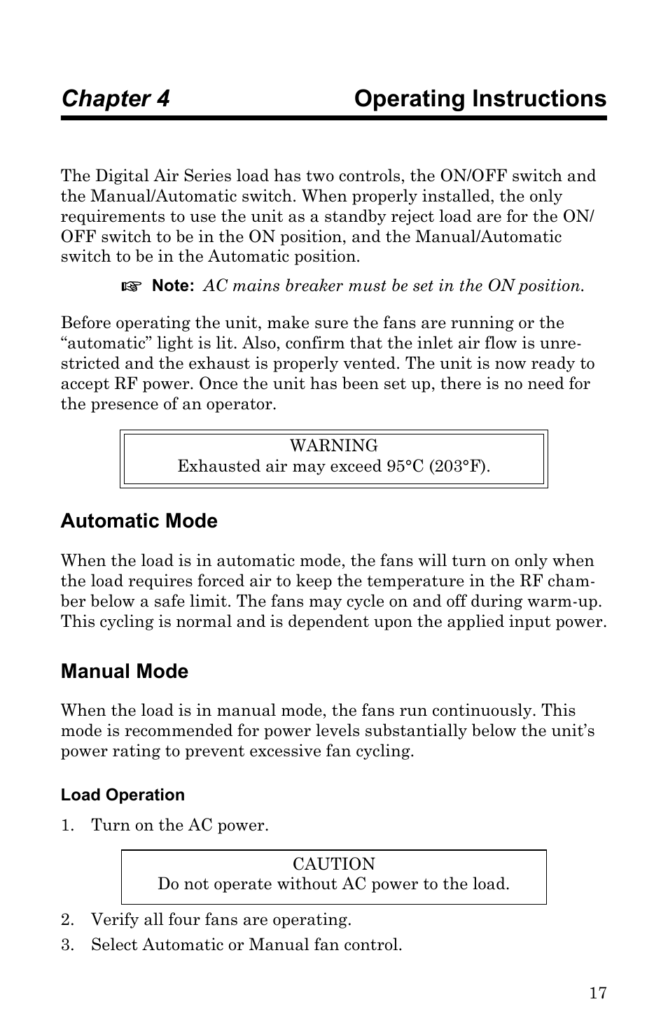 Chapter 4 operating instructions, Automatic mode, Manual mode | Load operation, Automatic mode manual mode | Bird Technologies DA40 UHF Series-Manual User Manual | Page 31 / 47