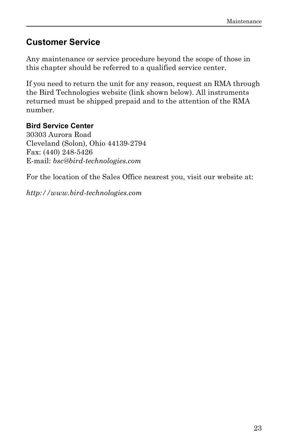 Customer service | Bird Technologies DA40 UHF Series-Manual User Manual | Page 37 / 47