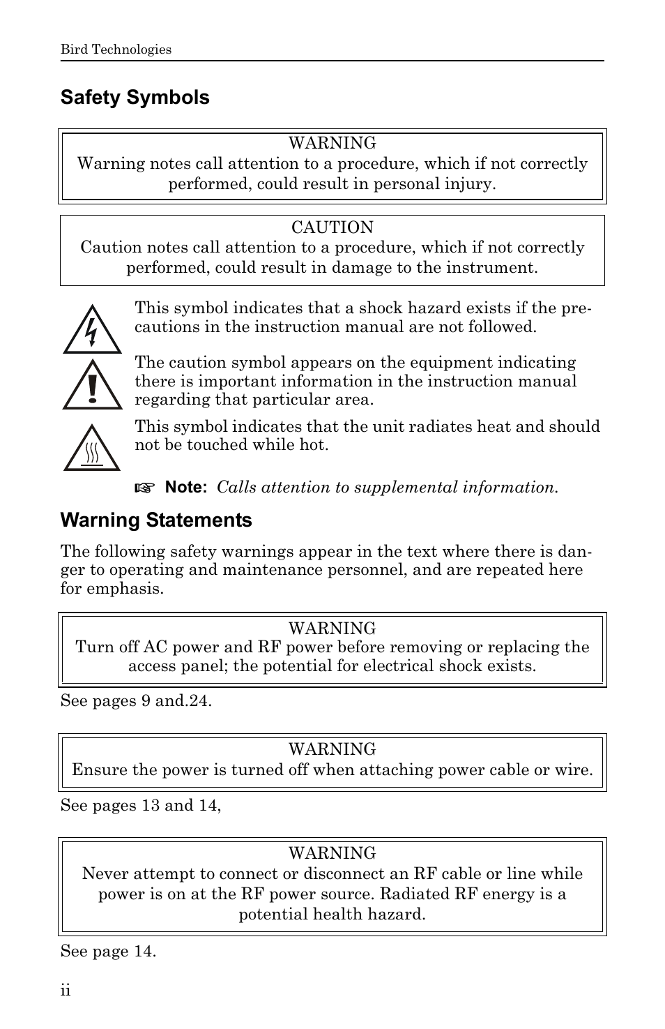 Safety symbols, Warning statements | Bird Technologies DA40 UHF Series-Manual User Manual | Page 4 / 47