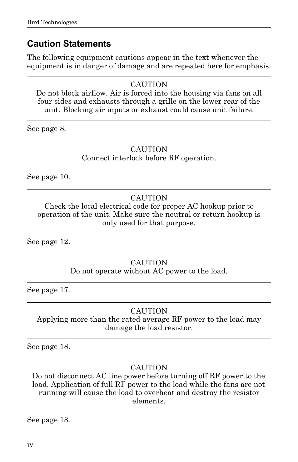 Caution statements | Bird Technologies DA40 UHF Series-Manual User Manual | Page 6 / 47