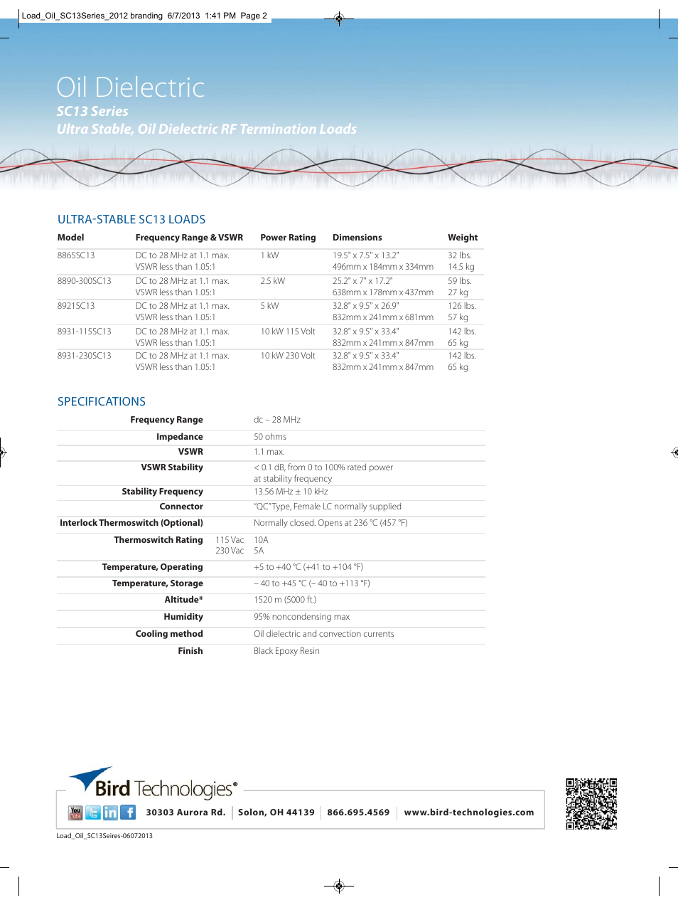 Oil dielectric | Bird Technologies 8931-230SC13-Datasheet User Manual | Page 2 / 2