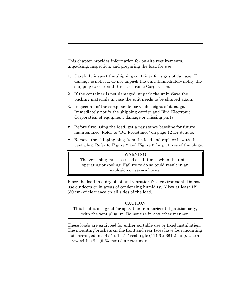 Chapter 3 installation, Unpacking and inspection, Setup | Mounting, Chapter 3, Installation | Bird Technologies 8865SC13-Manual User Manual | Page 15 / 28