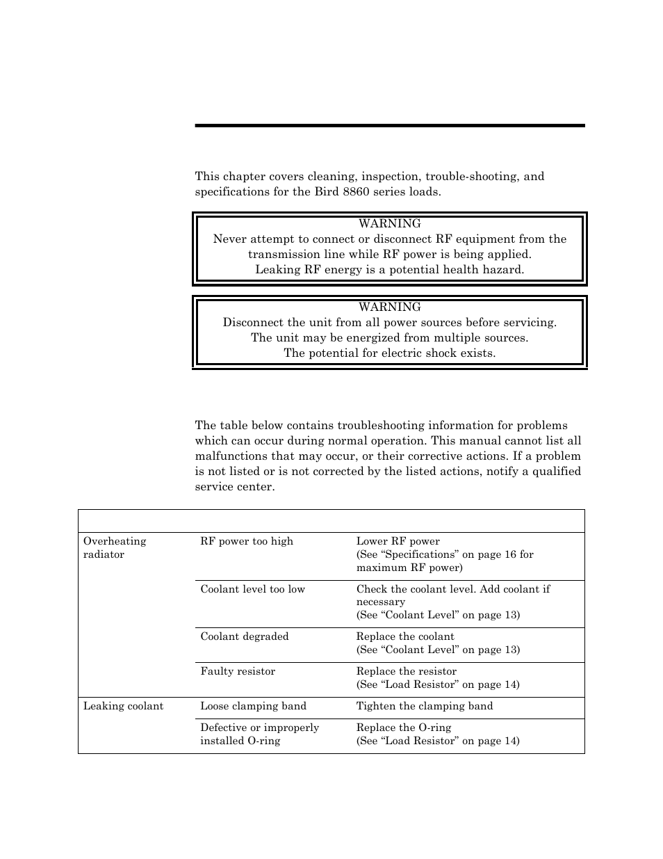 Chapter 5 maintenance, Troubleshooting, Chapter 5 – maintenance | Maintenance | Bird Technologies 8865SC13-Manual User Manual | Page 21 / 28
