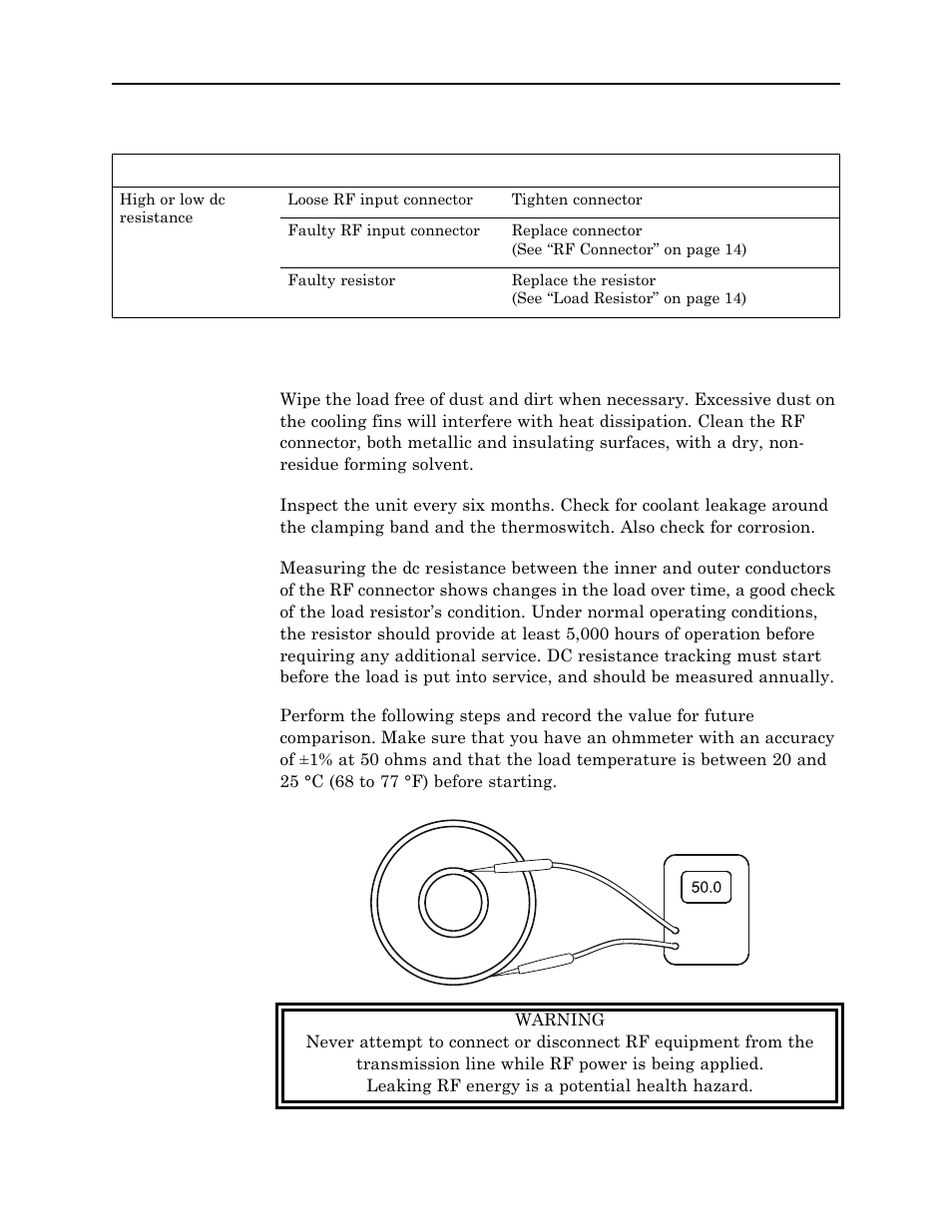 Maintenance, Cleaning, Inspection | Dc resistance, Figure 5 measuring resistance | Bird Technologies 8865SC13-Manual User Manual | Page 22 / 28