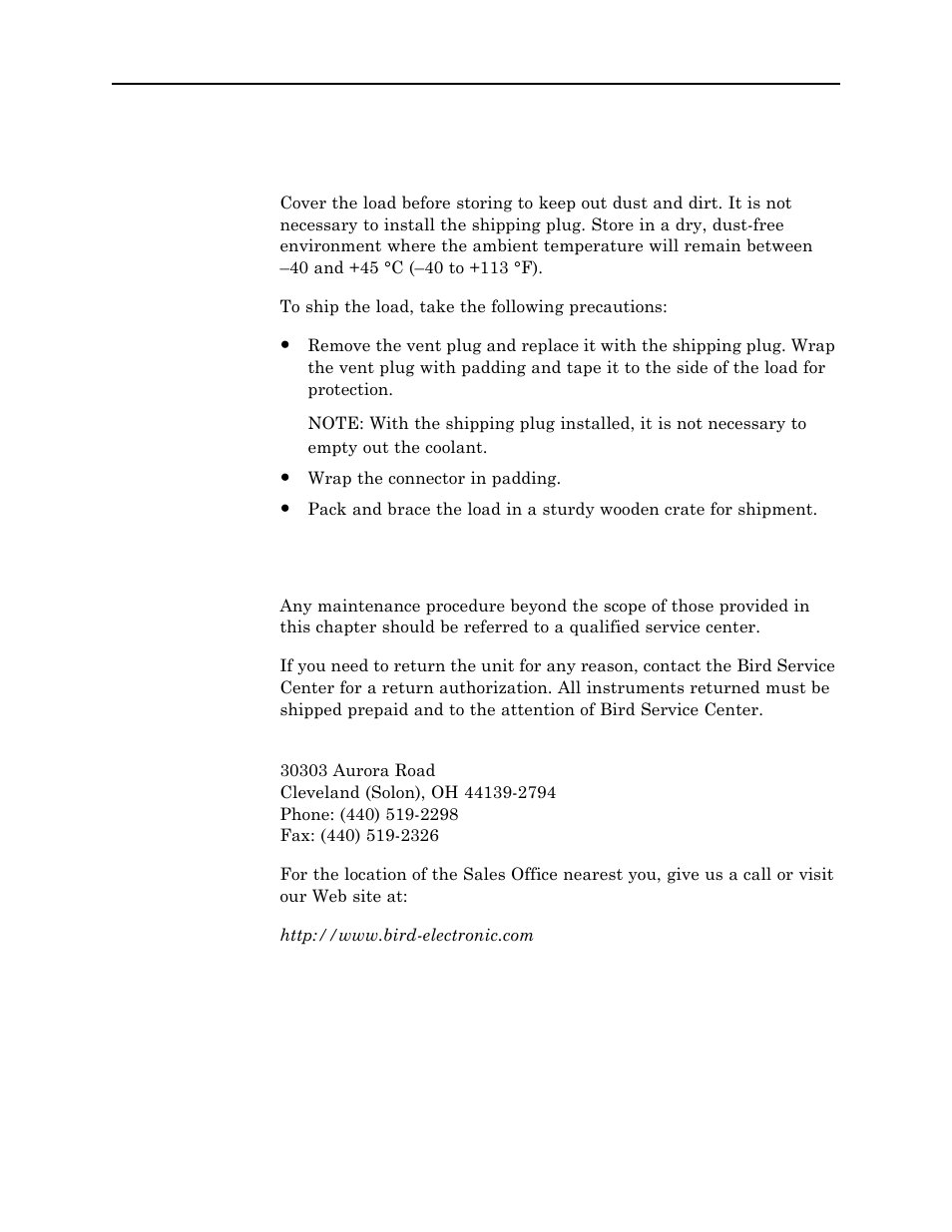 Storage and shipment, Customer service | Bird Technologies 8865SC13-Manual User Manual | Page 25 / 28