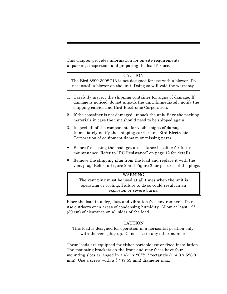 Chapter 3 installation, Unpacking and inspection, Setup | Mounting, Chapter 3, Installation | Bird Technologies 8890-300SC13-Manual User Manual | Page 15 / 28