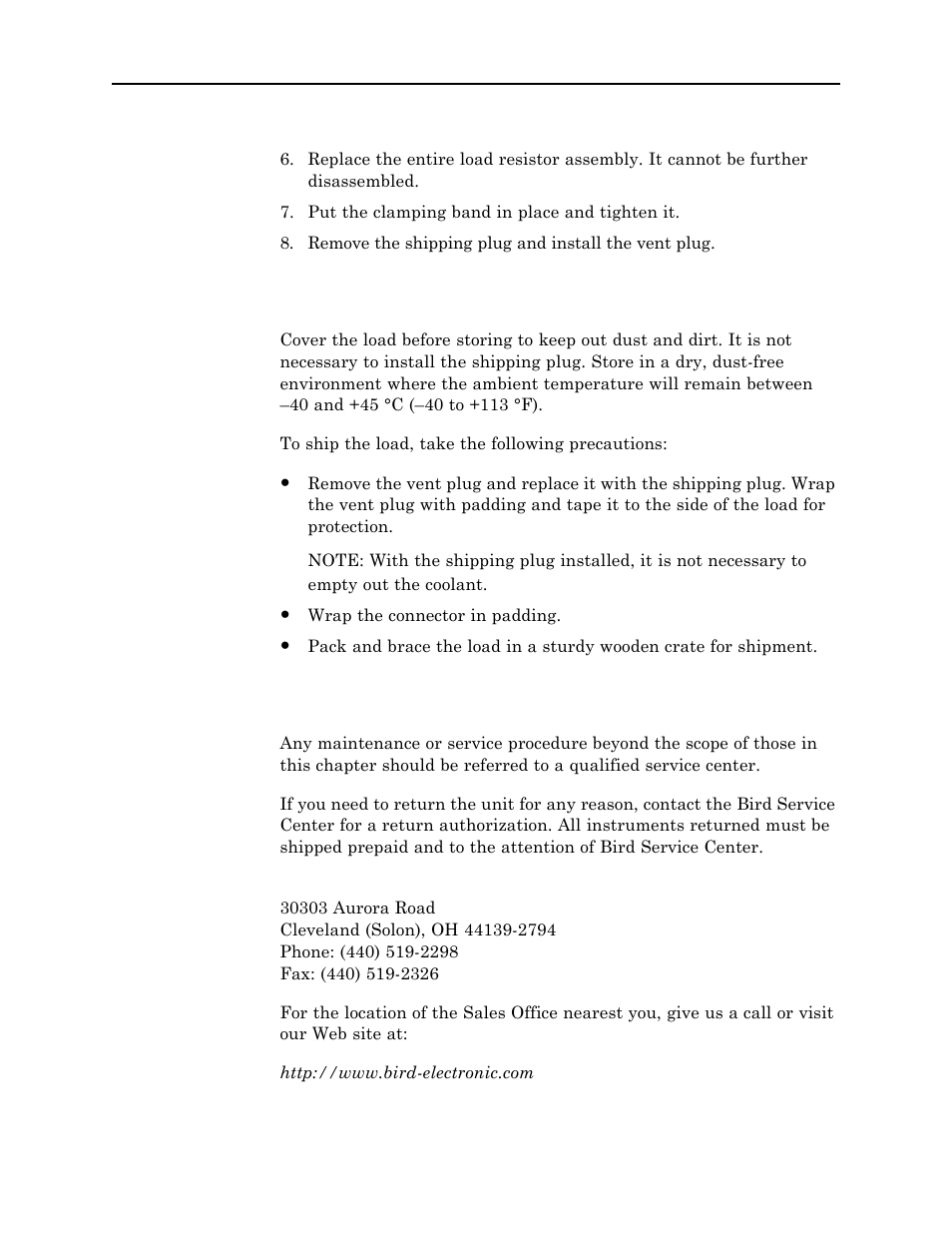Storage and shipment, Customer service | Bird Technologies 8890-300SC13-Manual User Manual | Page 25 / 28