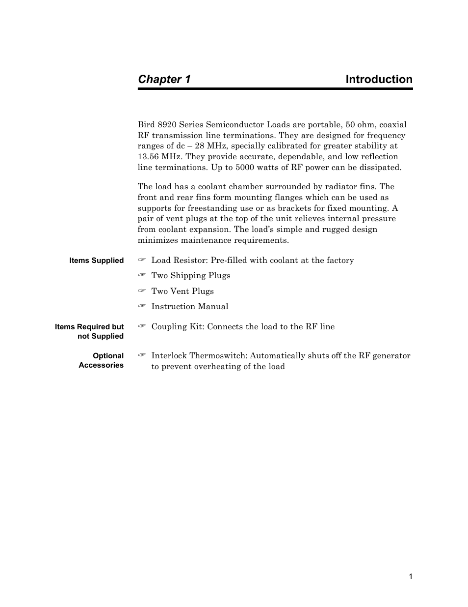 Chapter 1 introduction, Items supplied, Items required but not supplied | Optional accessories, Introduction | Bird Technologies 8921SC13-Manual User Manual | Page 11 / 28