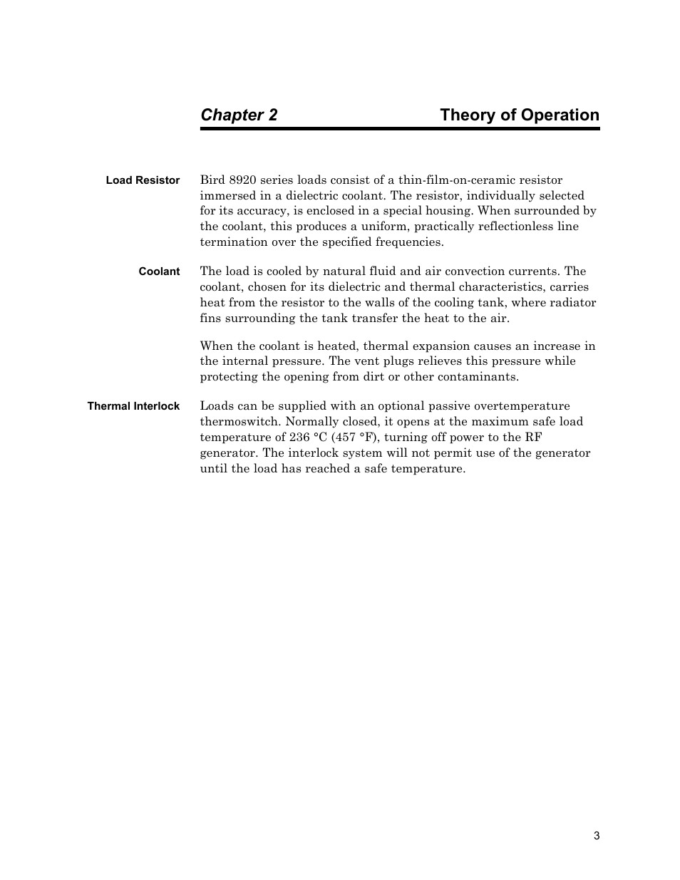 Chapter 2 theory of operation, Load resistor, Coolant | Thermal interlock, Theory of operation, Load resistor coolant thermal interlock | Bird Technologies 8921SC13-Manual User Manual | Page 13 / 28