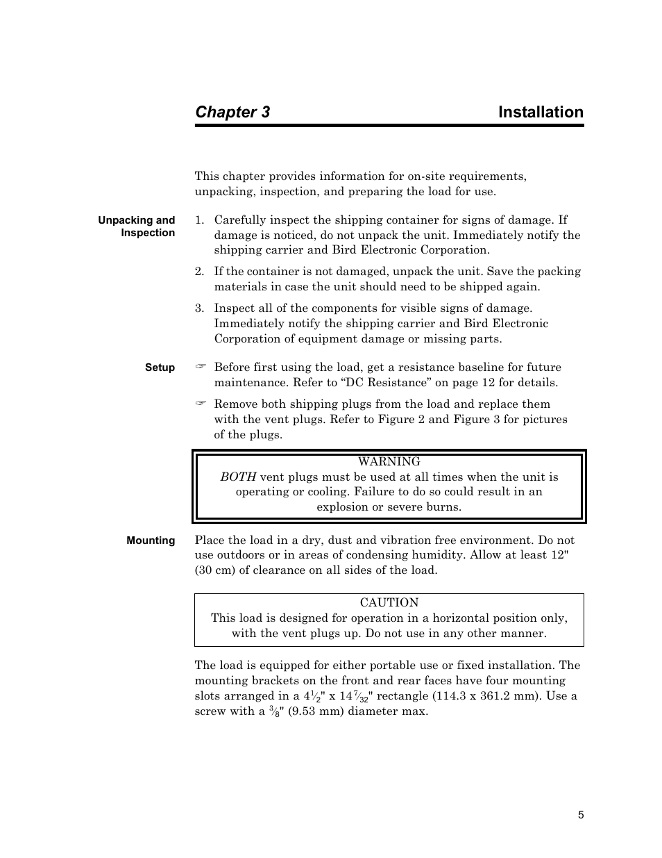 Chapter 3 installation, Unpacking and inspection, Setup | Mounting, Installation, Unpacking and inspection setup mounting | Bird Technologies 8921SC13-Manual User Manual | Page 15 / 28