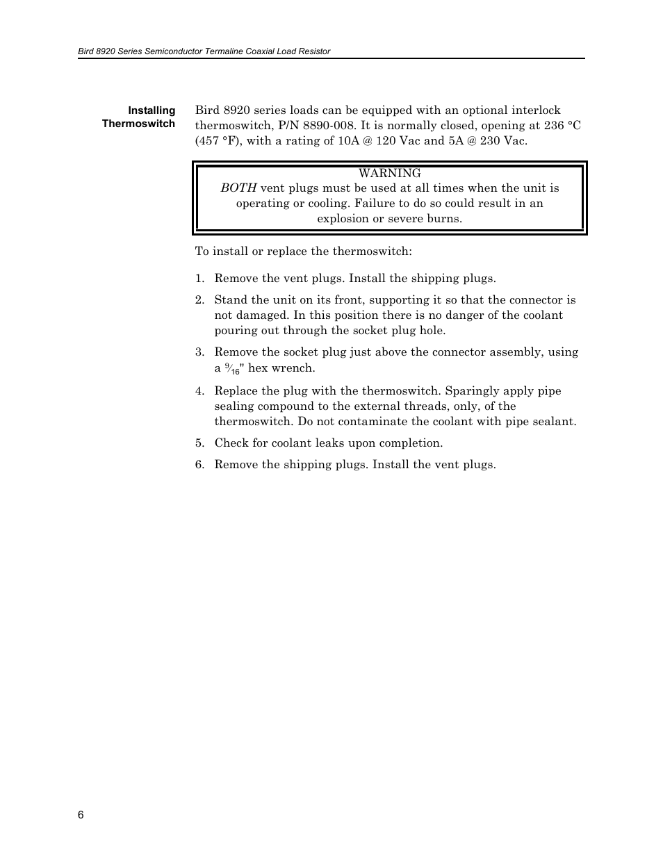 Installing thermoswitch | Bird Technologies 8921SC13-Manual User Manual | Page 16 / 28