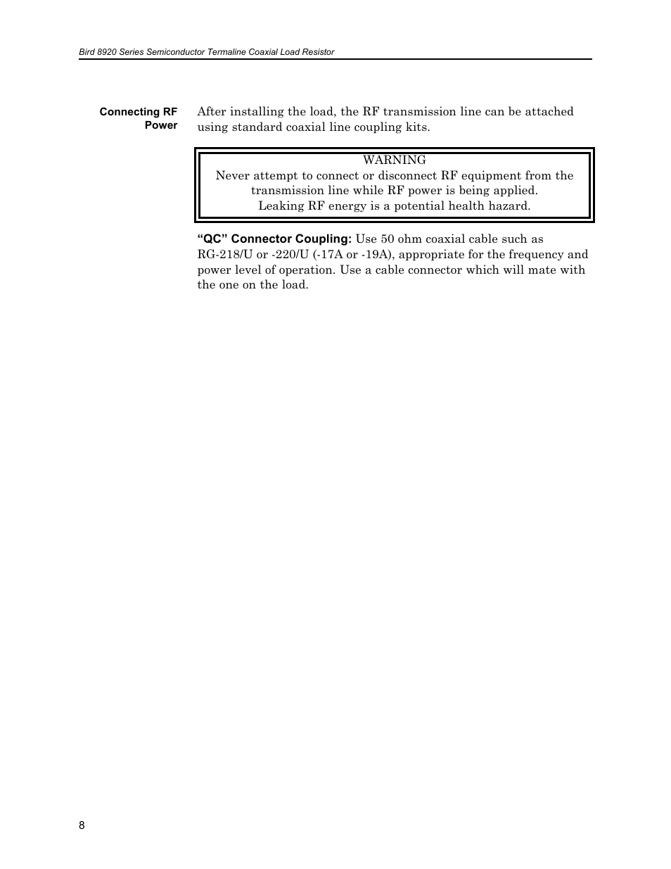 Connecting rf power | Bird Technologies 8921SC13-Manual User Manual | Page 18 / 28