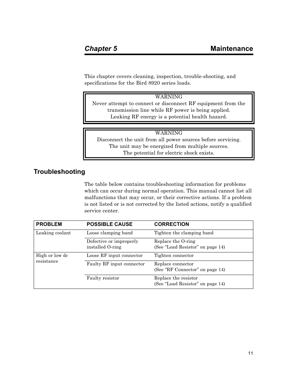 Chapter 5 maintenance, Troubleshooting, Maintenance | Bird Technologies 8921SC13-Manual User Manual | Page 21 / 28