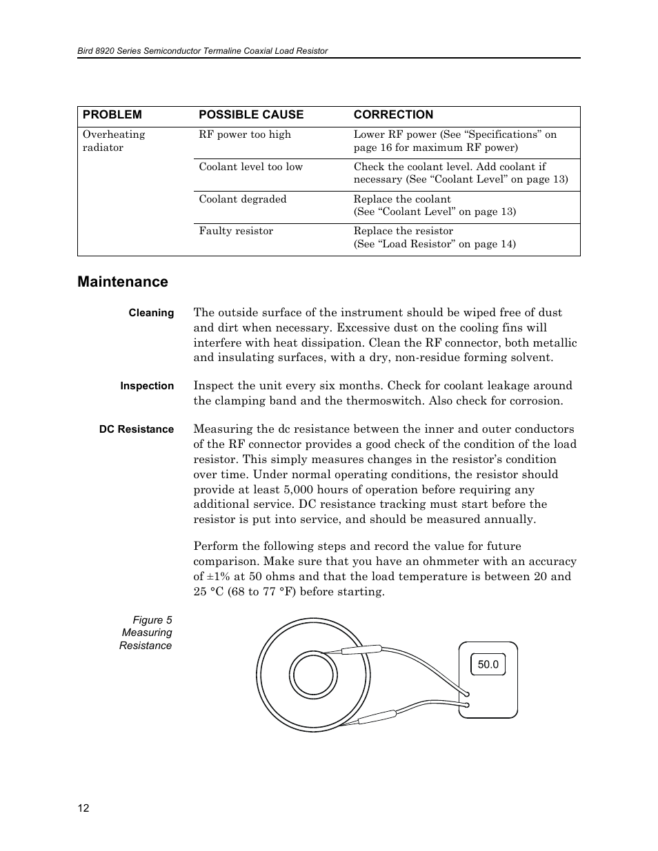 Maintenance, Cleaning, Inspection | Dc resistance, Figure 5 measuring resistance, Cleaning inspection dc resistance | Bird Technologies 8921SC13-Manual User Manual | Page 22 / 28