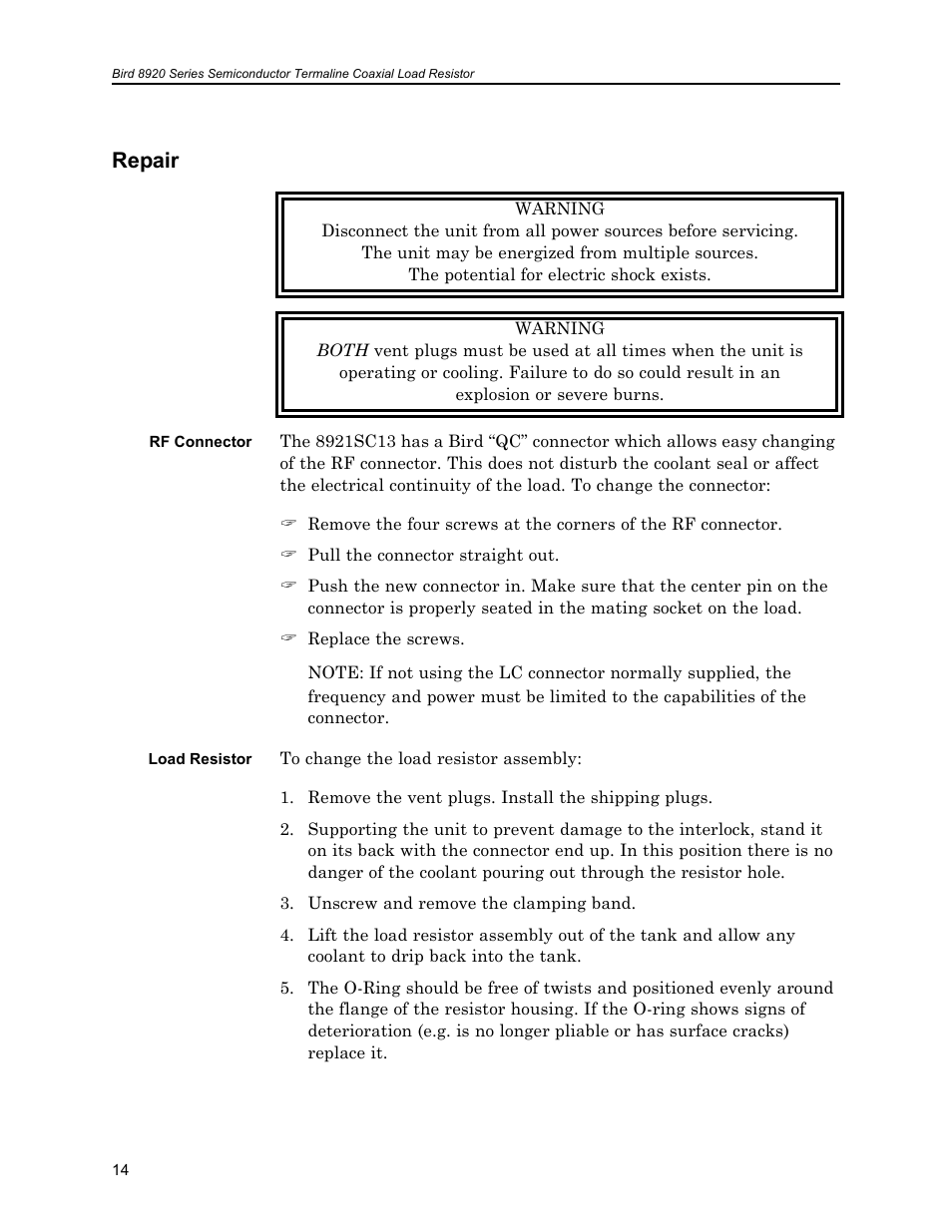 Repair, Rf connector, Load resistor | Rf connector load resistor | Bird Technologies 8921SC13-Manual User Manual | Page 24 / 28