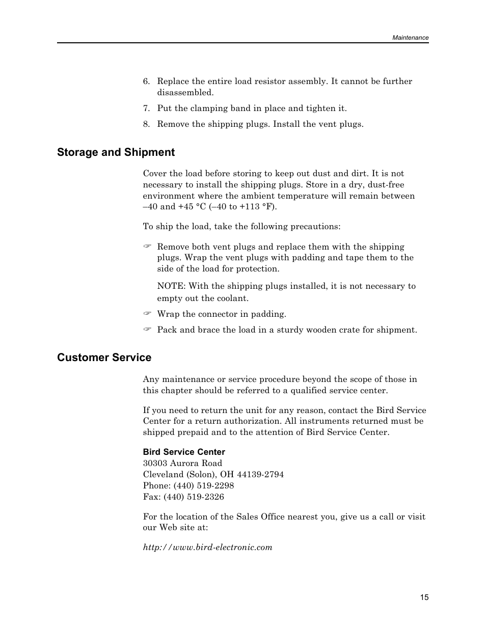 Storage and shipment, Customer service, Storage and shipment customer service | Bird Technologies 8921SC13-Manual User Manual | Page 25 / 28