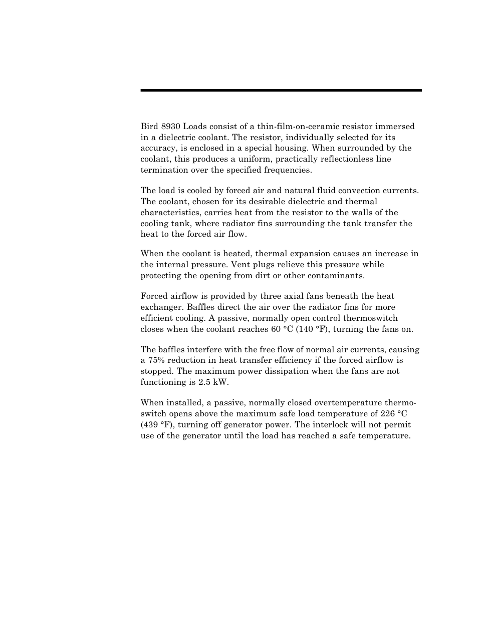 Chapter 2 theory of operation, Load resistor, Coolant | Fans, Power rating reduction, Thermal interlock, Theory of operation | Bird Technologies 8931-230SC13-Manual User Manual | Page 13 / 34