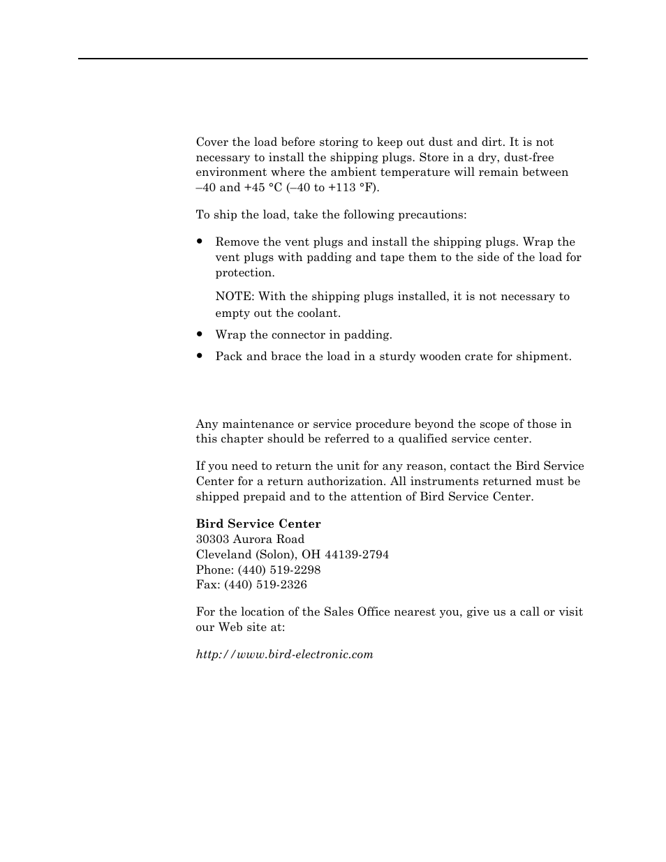 Storage and shipment, Customer service | Bird Technologies 8931-230SC13-Manual User Manual | Page 30 / 34