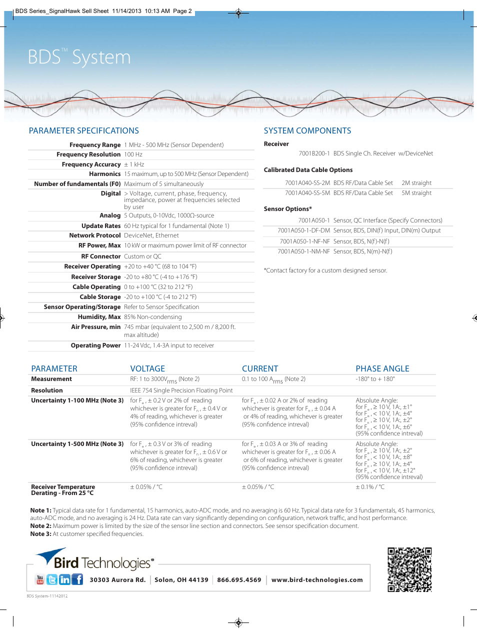 System, Parameter specifications, Parameter voltage current phase angle | System components | Bird Technologies BDS-Datasheet User Manual | Page 2 / 2