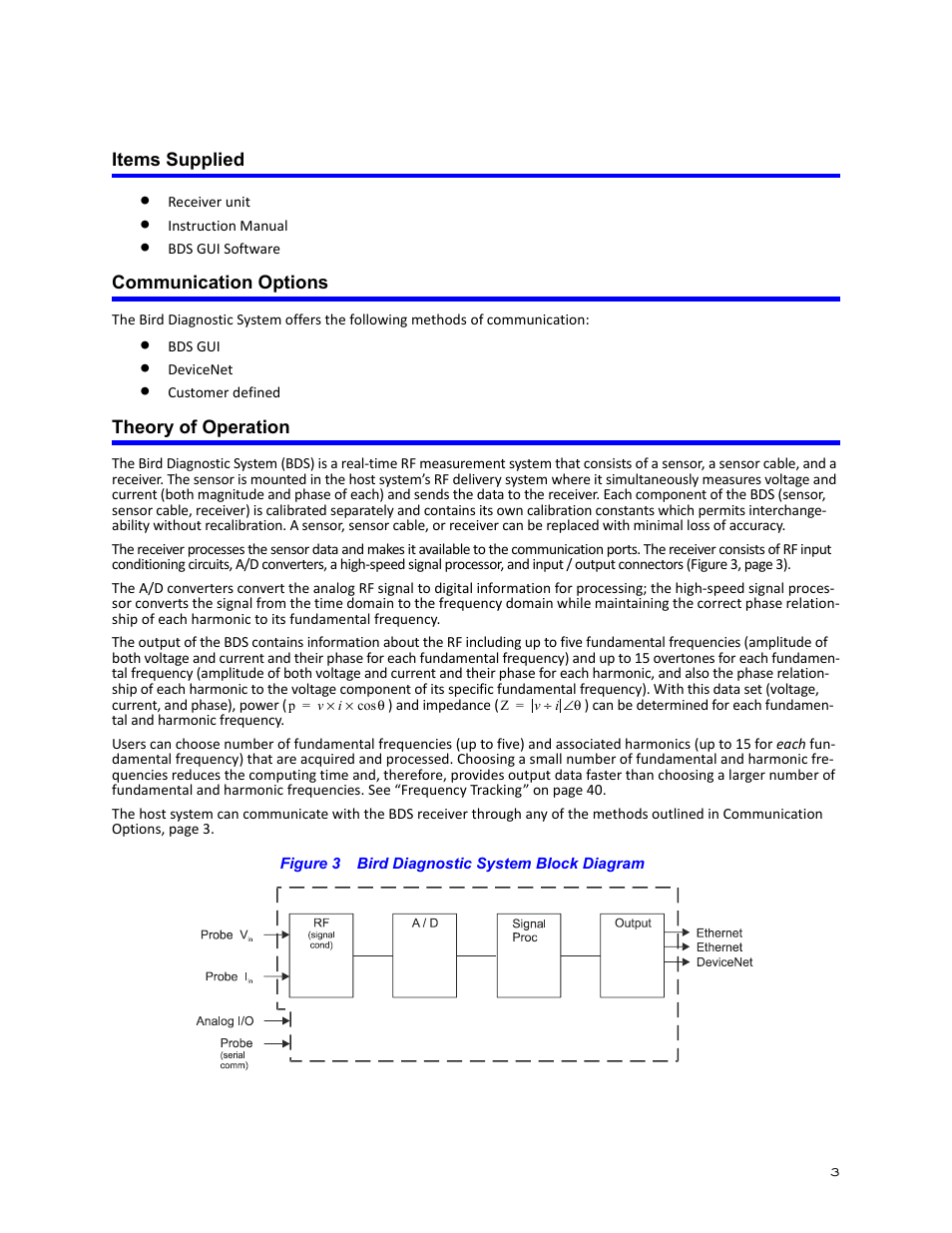 Items supplied, Communication options, Theory of operation | Figure 3 bird diagnostic system block diagram | Bird Technologies BDS-Manual User Manual | Page 17 / 98