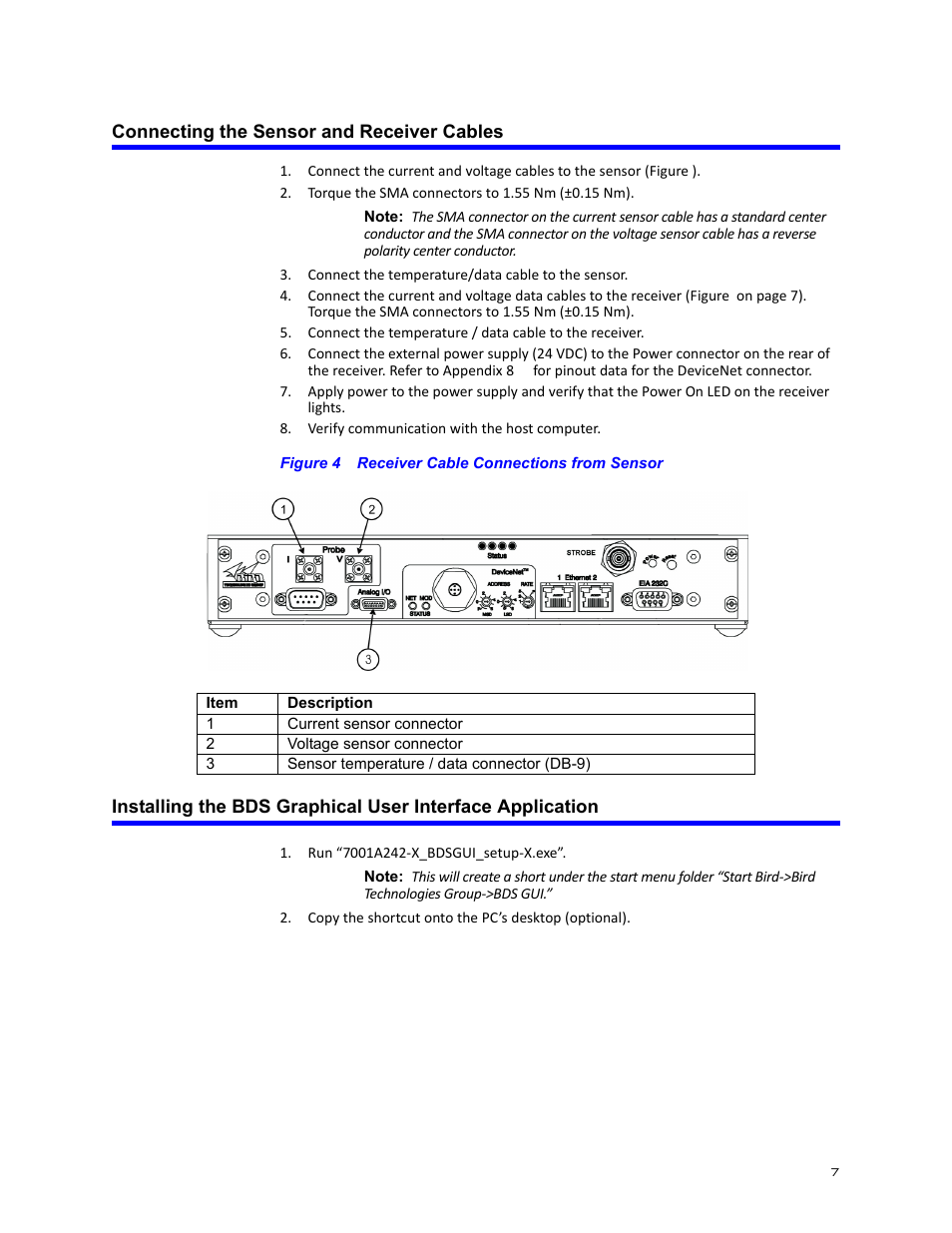 Connecting the sensor and receiver cables, Figure 4 receiver cable connections from sensor | Bird Technologies BDS-Manual User Manual | Page 21 / 98