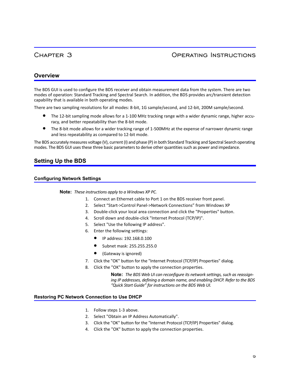 Chapter 3 operating instructions, Overview, Setting up the bds | Configuring network settings, Restoring pc network connection to use dhcp, Overview setting up the bds | Bird Technologies BDS-Manual User Manual | Page 23 / 98