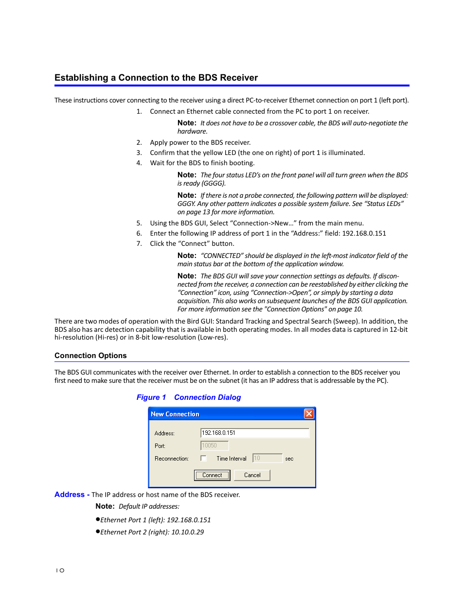 Establishing a connection to the bds receiver, Connection options, Figure 1 connection dialog | Bird Technologies BDS-Manual User Manual | Page 24 / 98