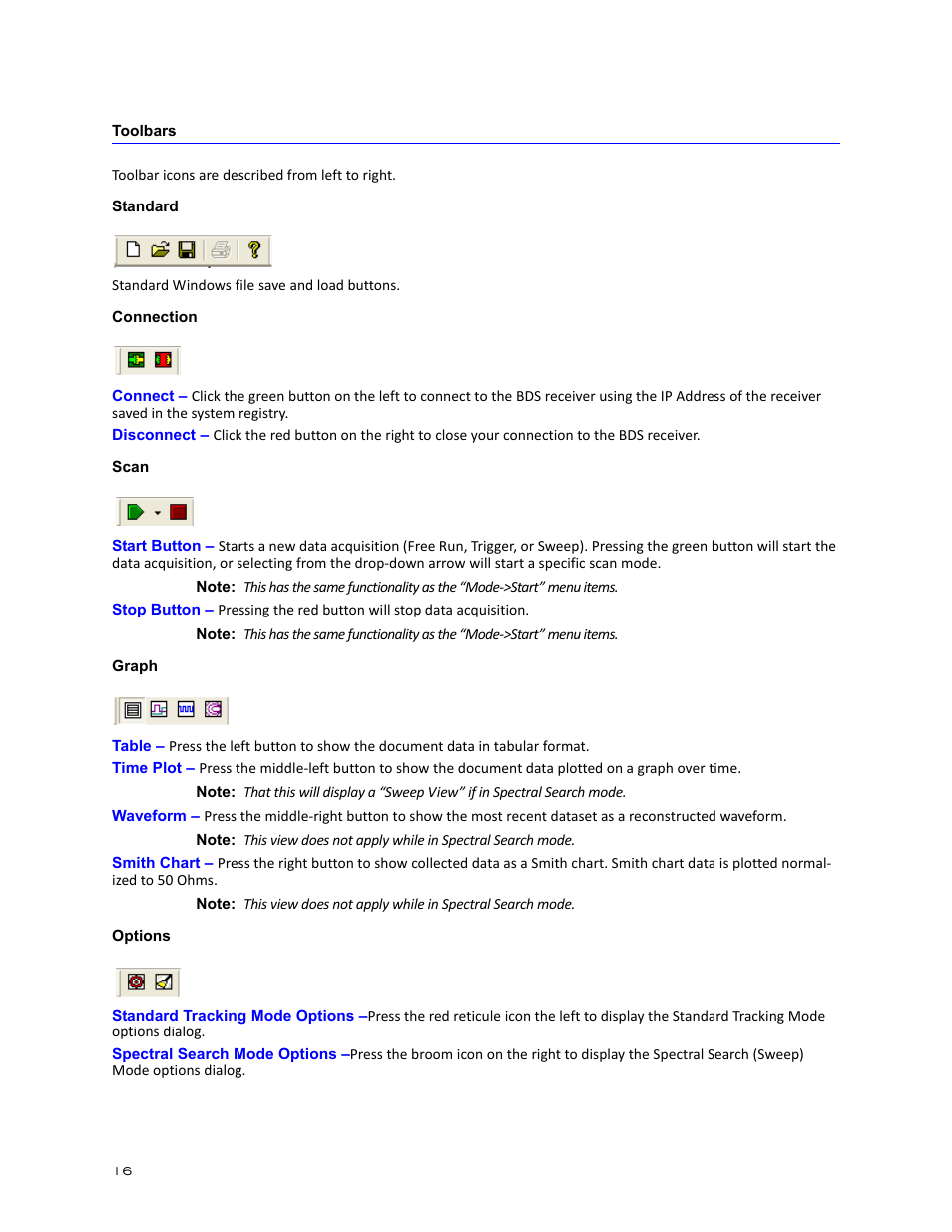 Toolbars, Standard, Connection | Scan, Graph, Options, Standard connection scan graph options | Bird Technologies BDS-Manual User Manual | Page 30 / 98