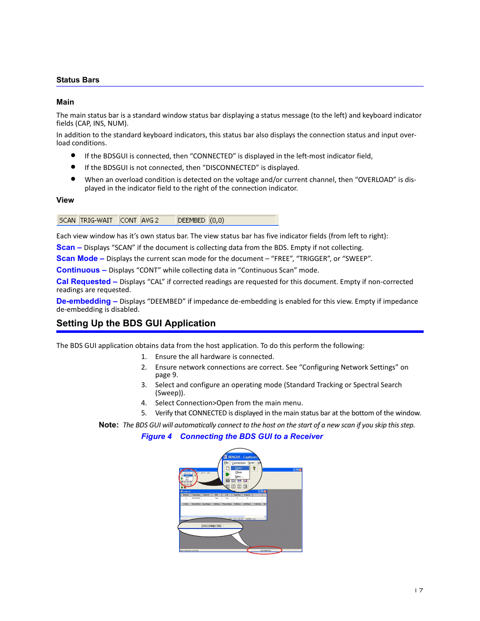 Status bars, Main, View | Setting up the bds gui application, Figure 4 connecting the bds gui to a receiver, Main view | Bird Technologies BDS-Manual User Manual | Page 31 / 98