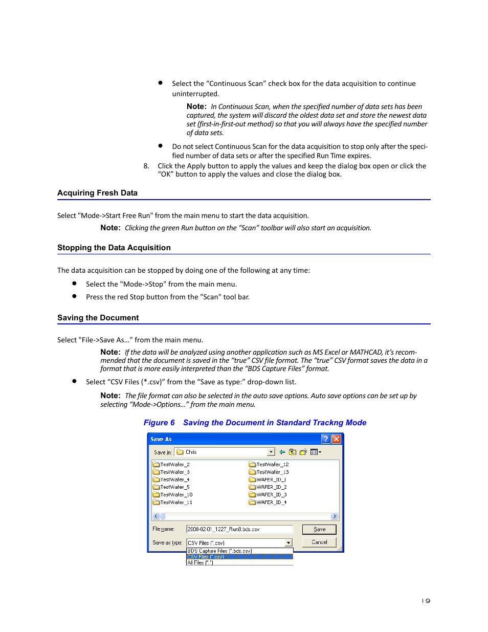 Acquiring fresh data, Stopping the data acquisition, Saving the document | Bird Technologies BDS-Manual User Manual | Page 33 / 98