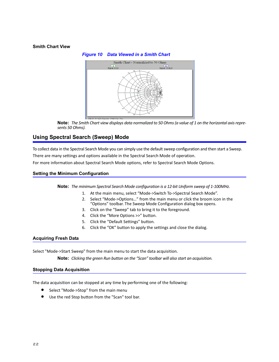 Smith chart view, Figure 10 data viewed in a smith chart, Using spectral search (sweep) mode | Setting the minimum configuration, Acquiring fresh data, Stopping data acquisition | Bird Technologies BDS-Manual User Manual | Page 36 / 98