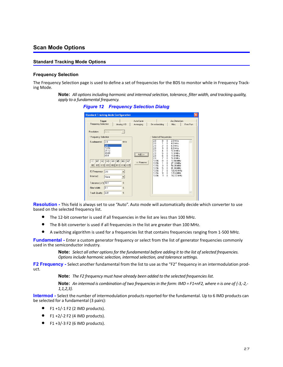 Scan mode options, Standard tracking mode options, Frequency selection | Figure 12 frequency selection dialog | Bird Technologies BDS-Manual User Manual | Page 41 / 98