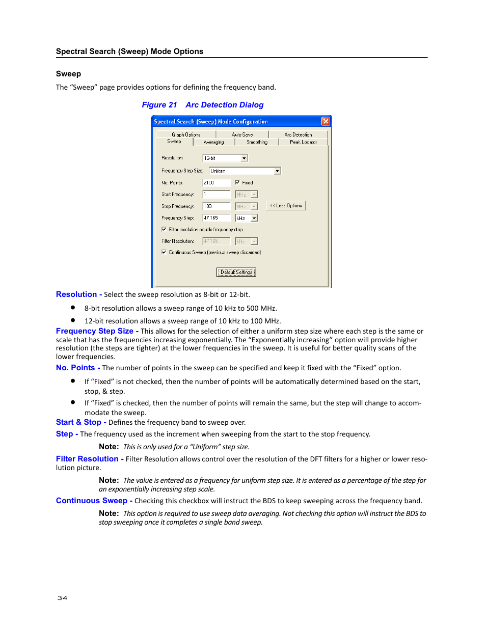 Spectral search (sweep) mode options, Sweep, Figure 21 arc detection dialog | Bird Technologies BDS-Manual User Manual | Page 48 / 98