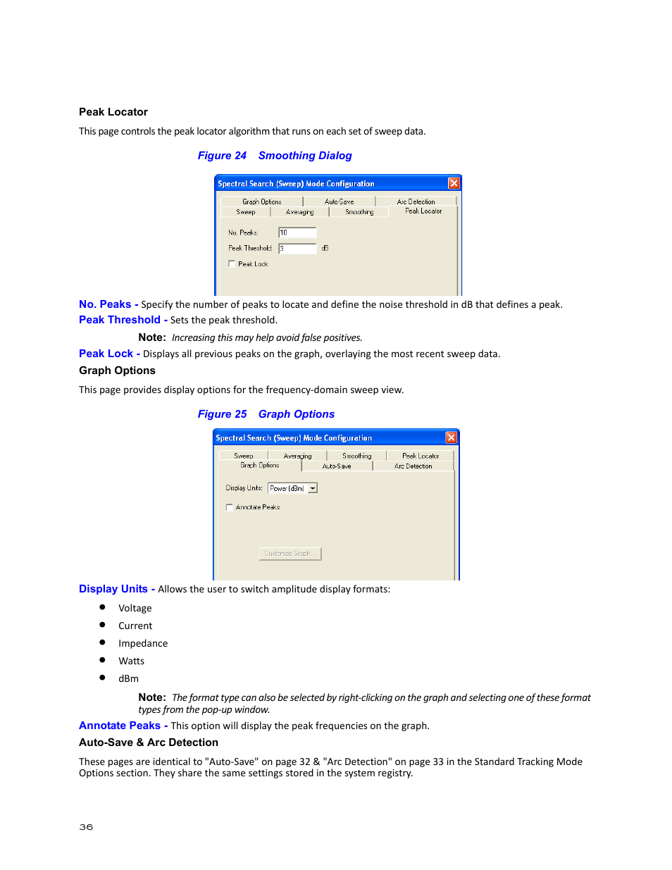 Peak locator, Figure 24 smoothing dialog, Graph options | Figure 25 graph options, Auto-save & arc detection | Bird Technologies BDS-Manual User Manual | Page 50 / 98