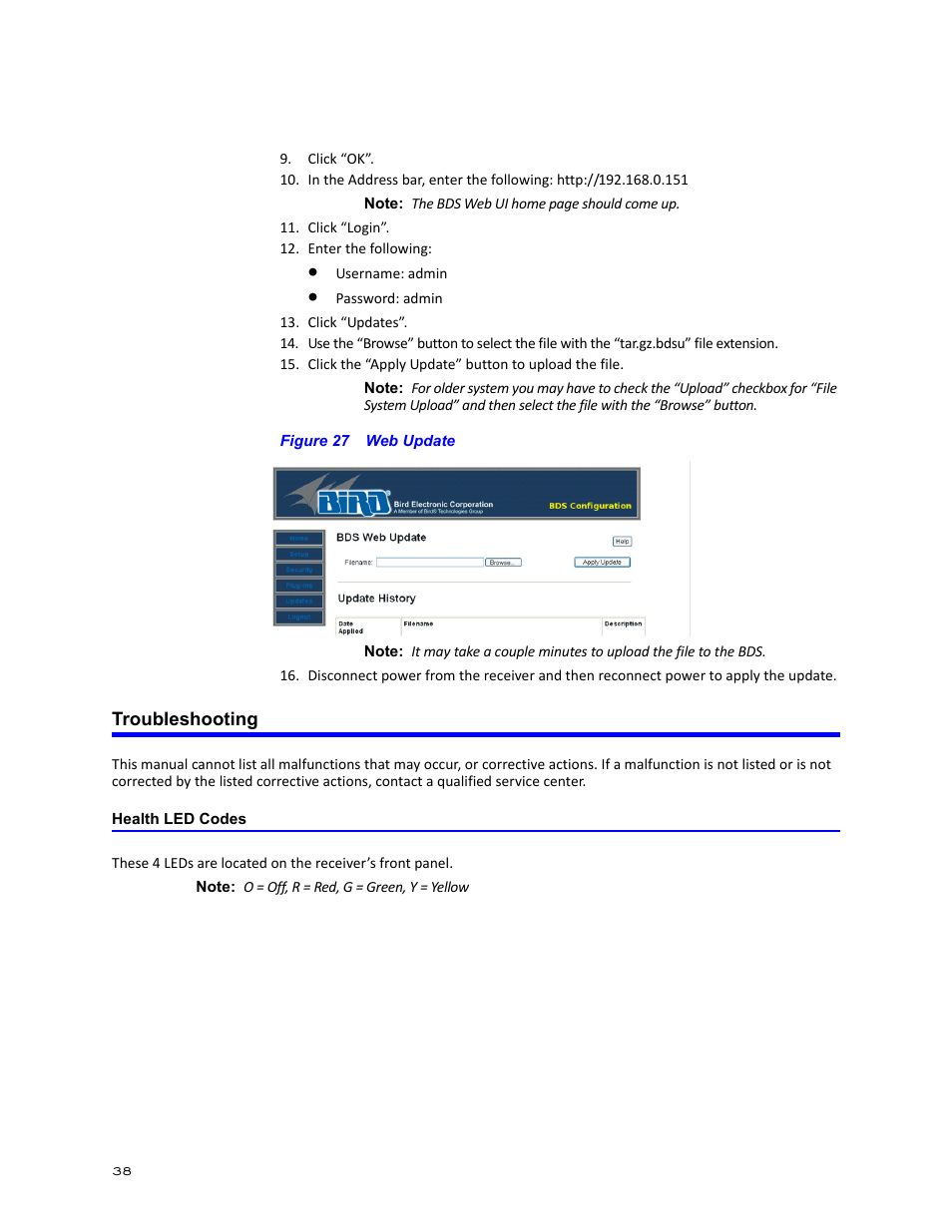 Figure 27 web update, Troubleshooting, Health led codes | Bird Technologies BDS-Manual User Manual | Page 52 / 98