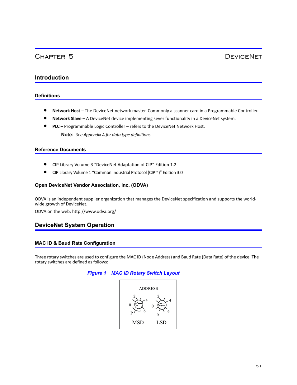 Chapter 5 devicenet, Introduction, Definitions | Reference documents, Open devicenet vendor association, inc. (odva), Devicenet system operation, Mac id & baud rate configuration, Figure 1 mac id rotary switch layout | Bird Technologies BDS-Manual User Manual | Page 65 / 98