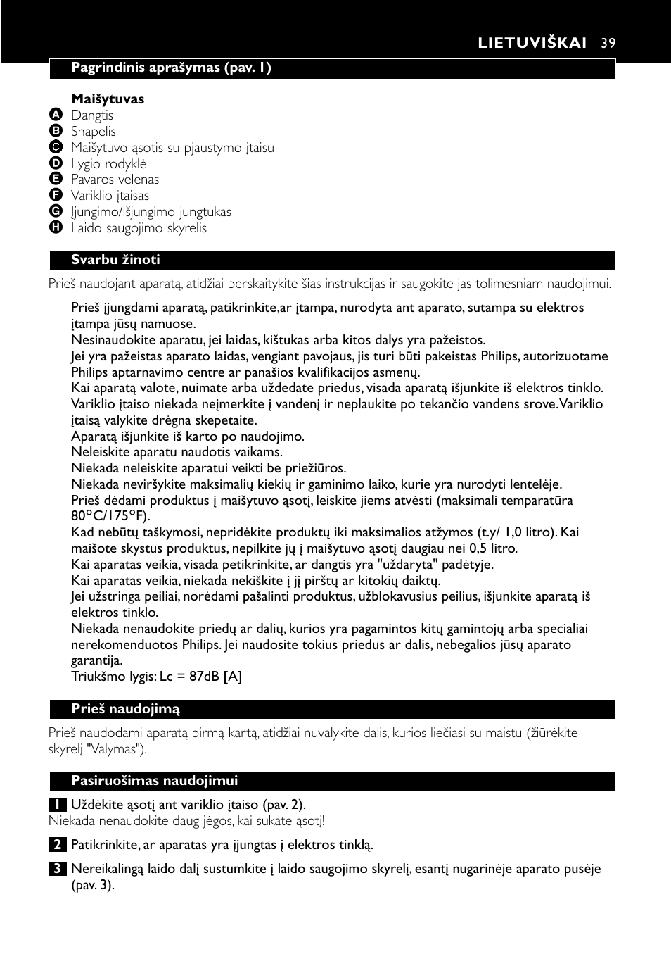 Lietuviškai 39 | Philips HR1700 User Manual | Page 39 / 56
