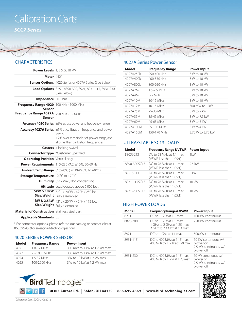 Calibration carts, Scc7 series, Characteristics | 4027a series power sensor, 4020 series power sensor, Ultra-stable sc13 loads, High power loads | Bird Technologies SCC7 Series-Datasheet User Manual | Page 2 / 2