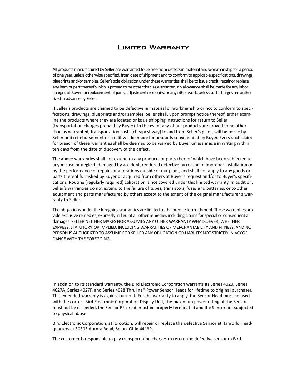 Limited warranty | Bird Technologies SCC7 Series-Manual User Manual | Page 45 / 45