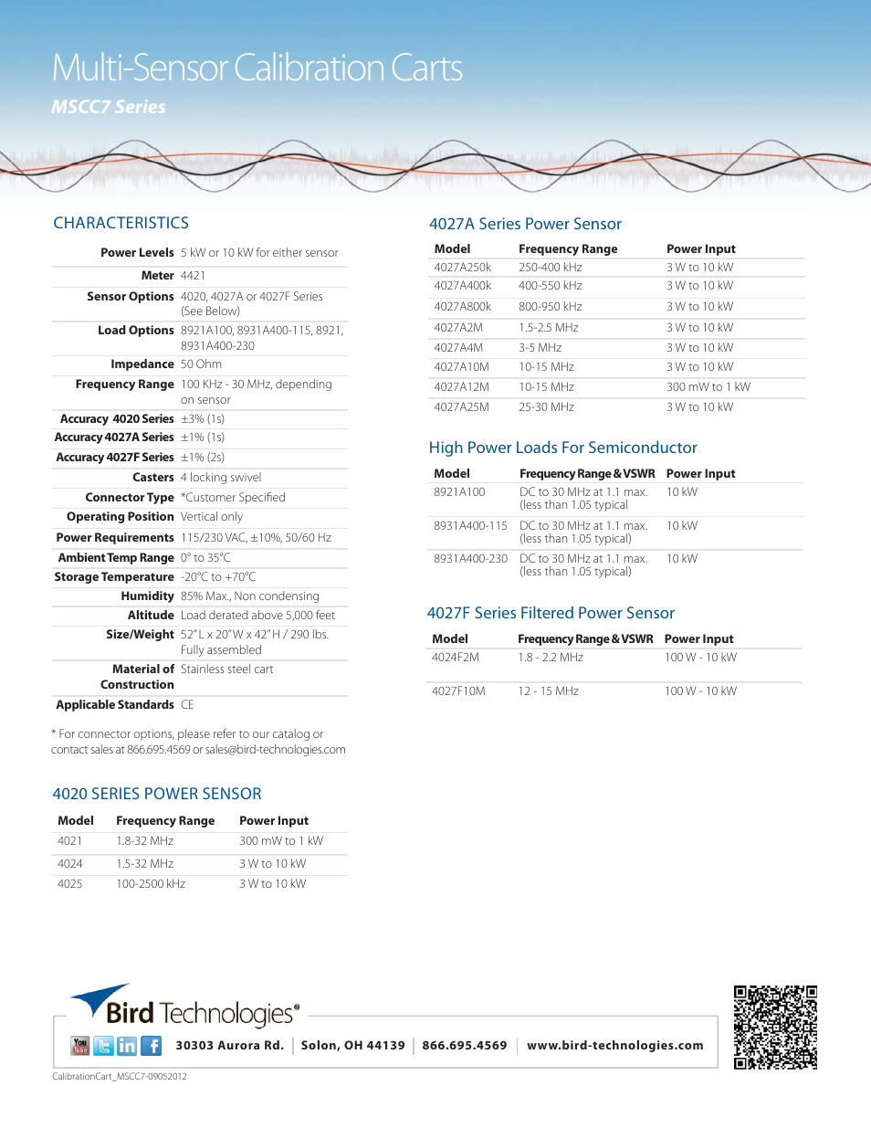 Multi-sensor calibration carts, Mscc7 series, Characteristics | 4027a series power sensor, 4020 series power sensor, High power loads for semiconductor, 4027f series filtered power sensor | Bird Technologies MSCC7 Series-Datasheet User Manual | Page 2 / 2