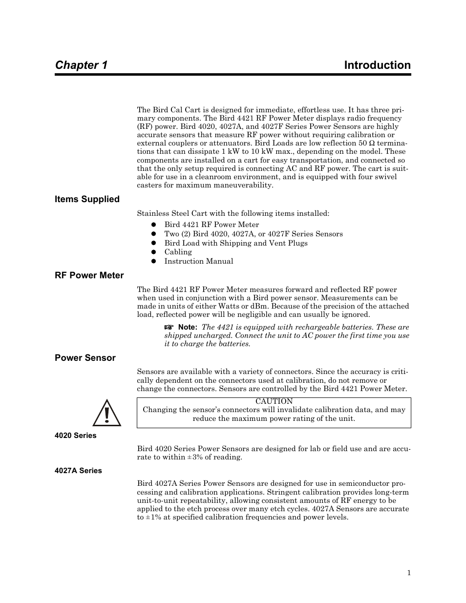 Chapter 1 introduction, Items supplied, Rf power meter | Power sensor, 4020 series, 4027a series, S 1, 3, 12, 16, 17, Items supplied rf power meter power sensor, 4020 series 4027a series | Bird Technologies MSCC7 Series-Manual User Manual | Page 15 / 35