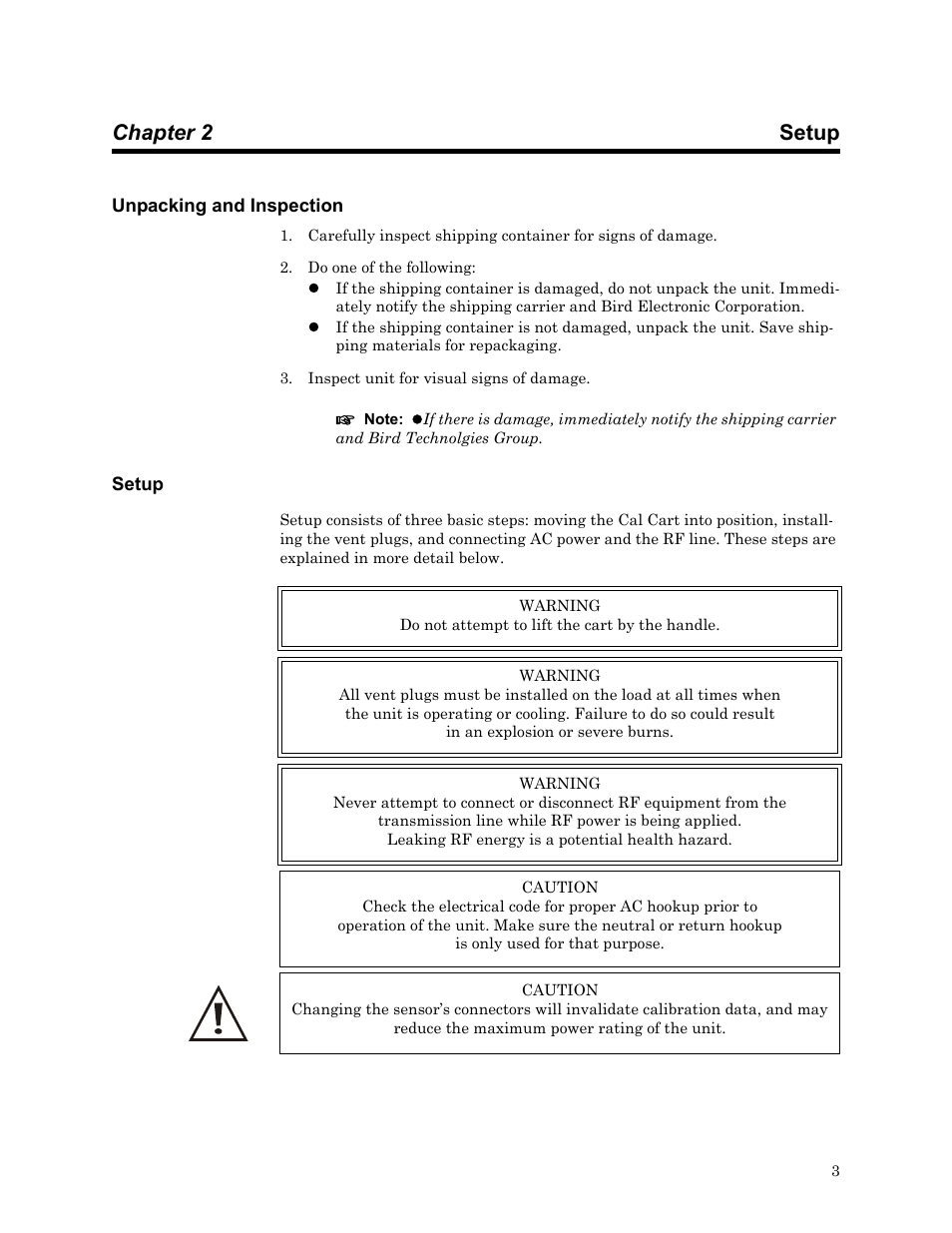 Chapter 2 setup, Unpacking and inspection, Setup | Ge 3, S 3, 5, 9, Unpacking and inspection setup | Bird Technologies MSCC7 Series-Manual User Manual | Page 17 / 35