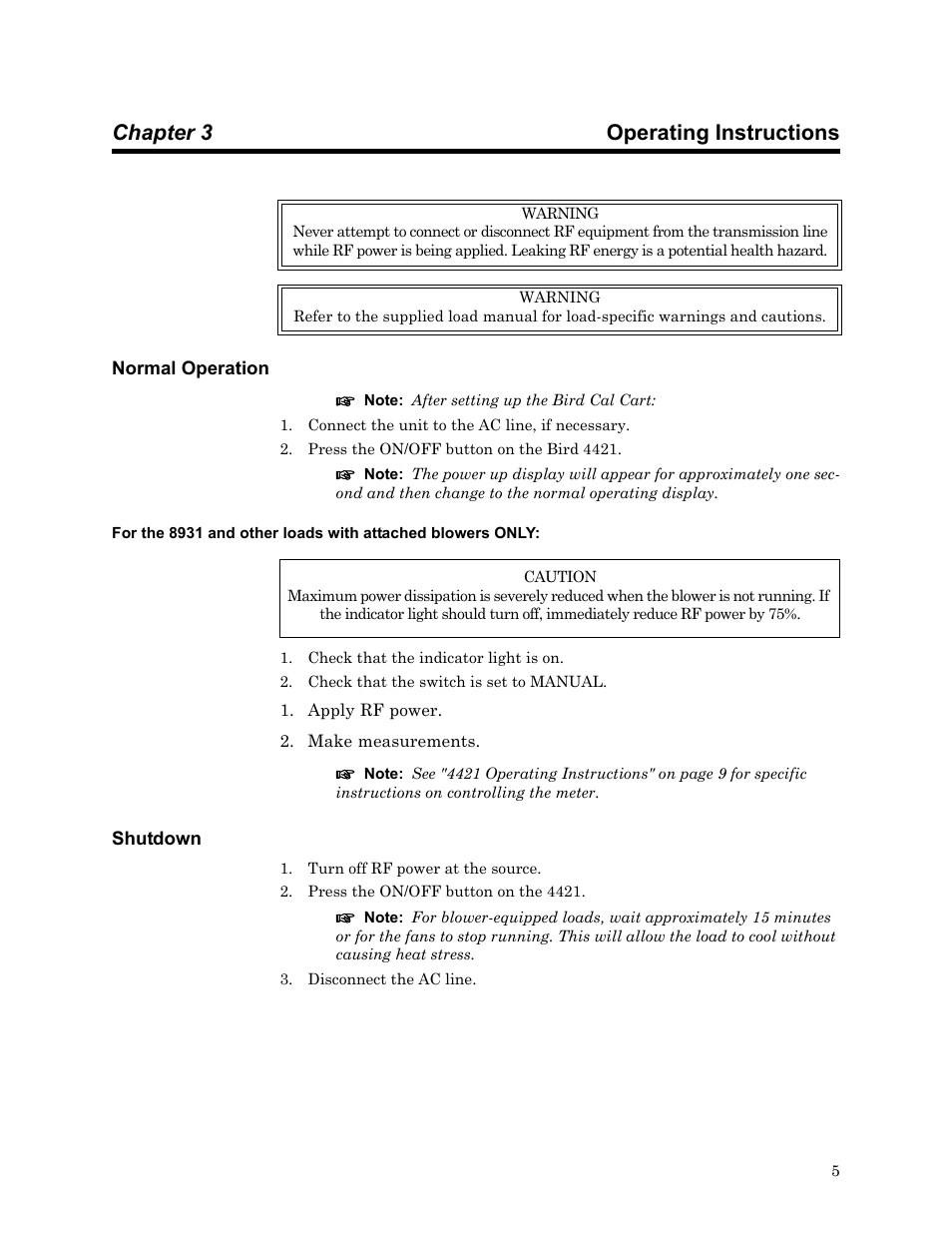 Chapter 3 operating instructions, Normal operation, Shutdown | Bird Technologies MSCC7 Series-Manual User Manual | Page 19 / 35