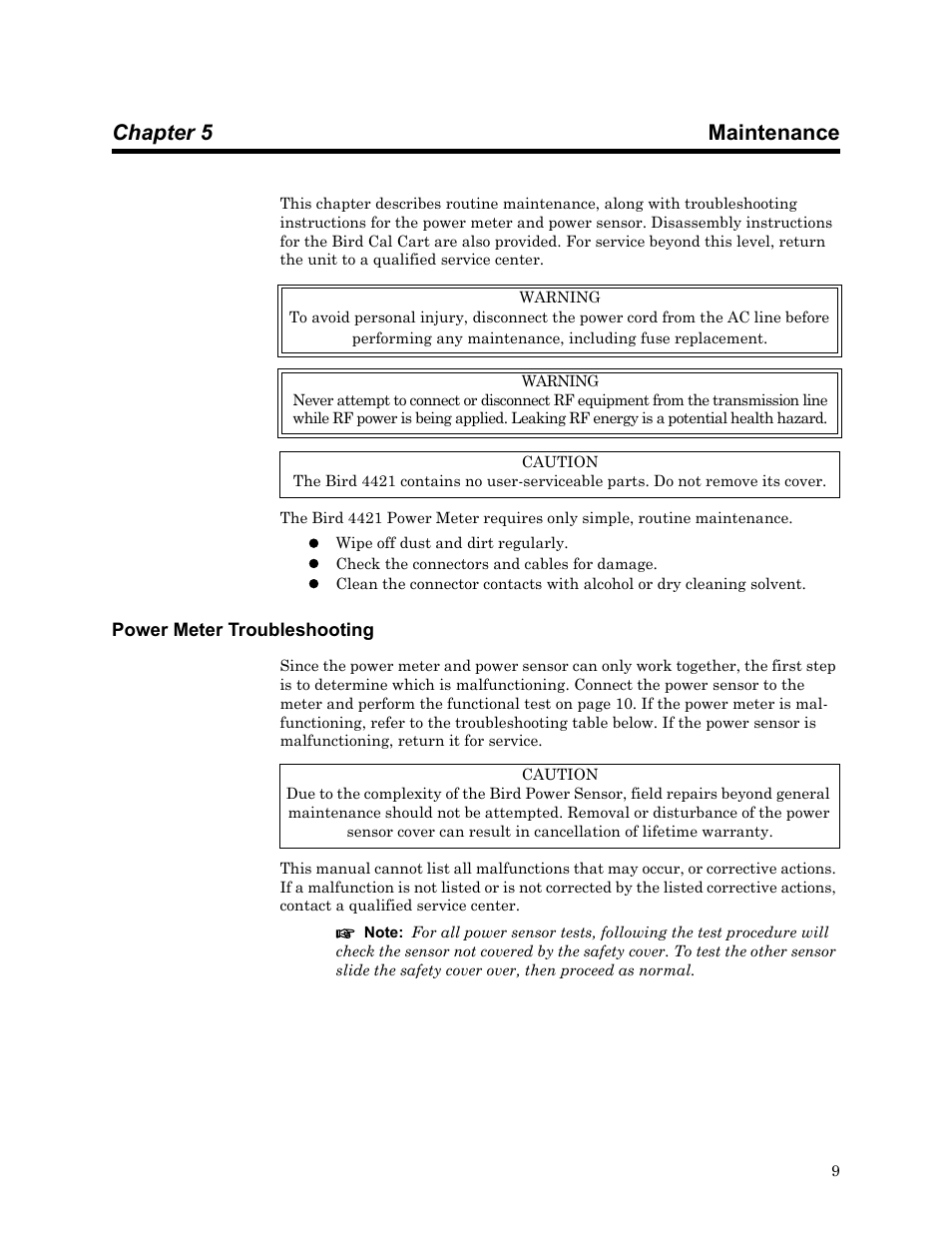 Chapter 5 maintenance, Power meter troubleshooting, S 9 a | S 9 an | Bird Technologies MSCC7 Series-Manual User Manual | Page 23 / 35