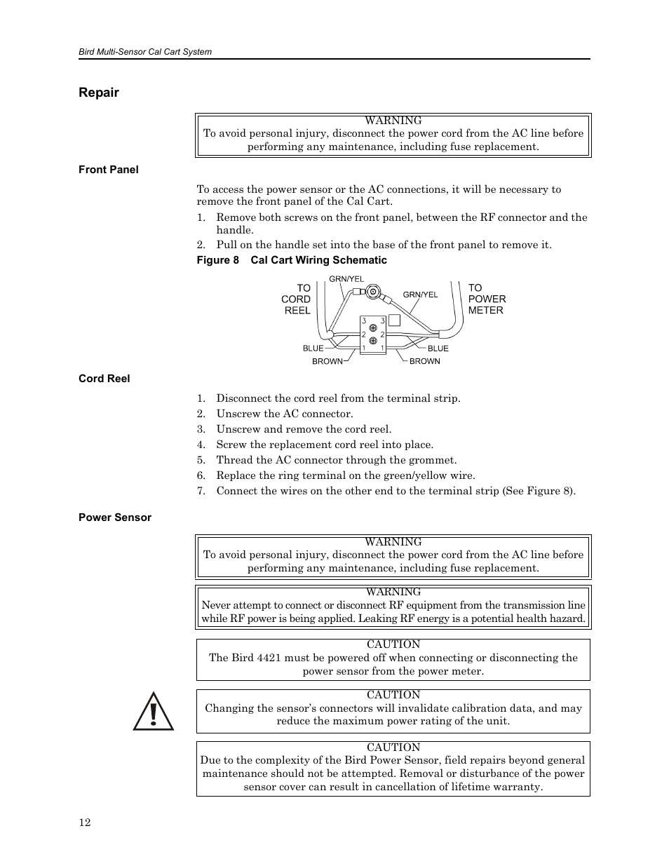 Repair, Front panel, Figure 8 cal cart wiring schematic | Cord reel, Power sensor, D 12, Front panel cord reel power sensor | Bird Technologies MSCC7 Series-Manual User Manual | Page 26 / 35