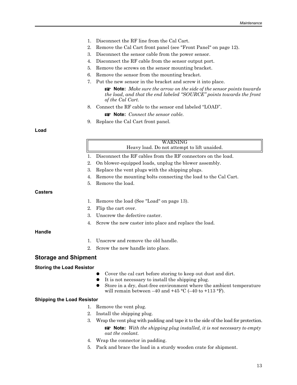 Load, Casters, Handle | Storage and shipment, Storing the load resistor, Shipping the load resistor, Ge 13, Load casters handle | Bird Technologies MSCC7 Series-Manual User Manual | Page 27 / 35