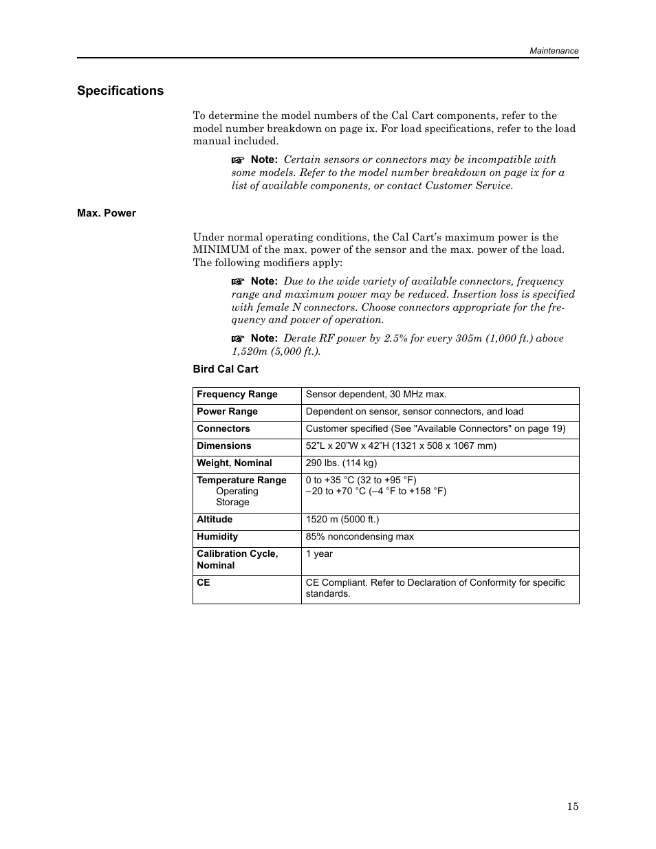 Specifications, Max. power, Max. power bird cal cart | Bird Technologies MSCC7 Series-Manual User Manual | Page 29 / 35